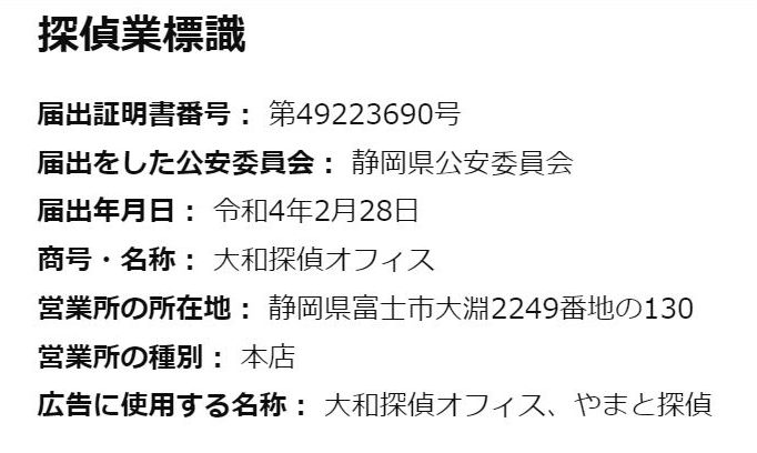 探偵標識　探偵業法に従い業者の記載画像