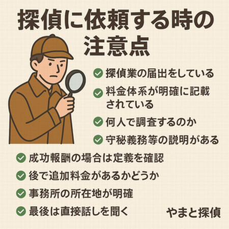 探偵に依頼するときの注意点イラスト